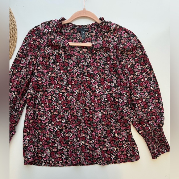 Aqua Floral Smocked Sleeve Top V- Neck Long Sleeve Pullover Small - Picture 2 of 10